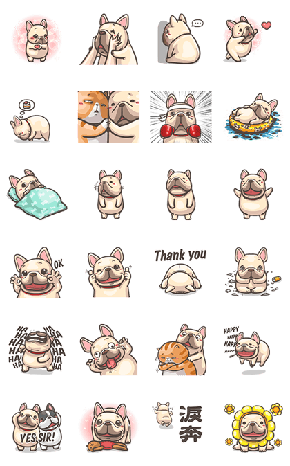 French Bulldog PIGU: Movin' Together 2 Line Sticker GIF & PNG Pack: Animated & Transparent No Background | WhatsApp Sticker
