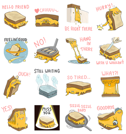 Melty the Delicious Grilled Cheese Line Sticker GIF & PNG Pack: Animated & Transparent No Background | WhatsApp Sticker