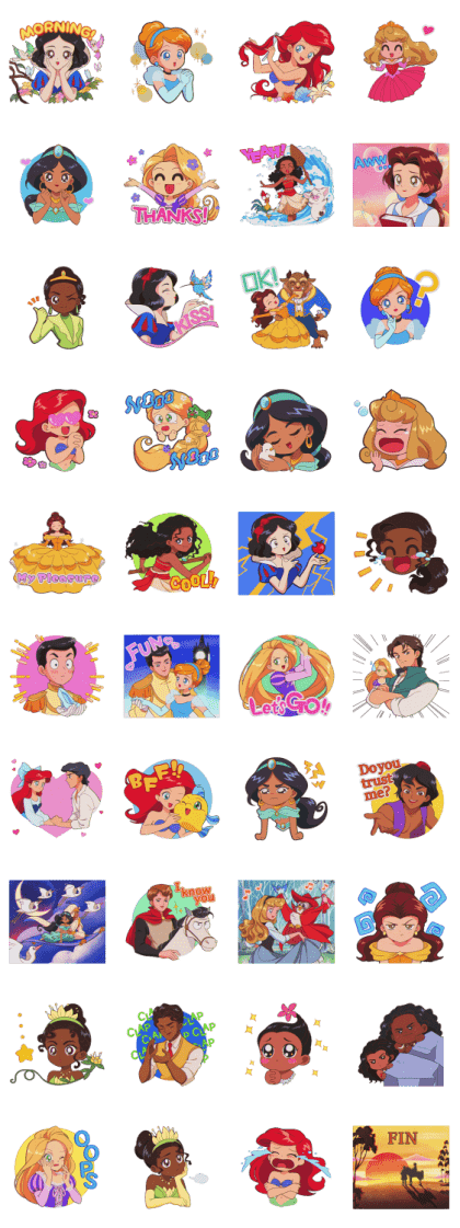 Disney Princesses: Retro Cute Line Sticker GIF & PNG Pack: Animated & Transparent No Background | WhatsApp Sticker